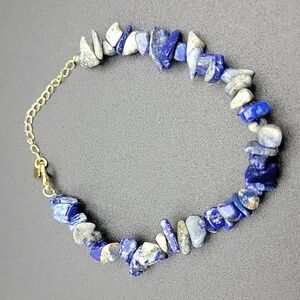 NEW Blue Lapis Chip Bracelet Gold Tone Natural Gemstone Lobster Size 7.5 - 8"